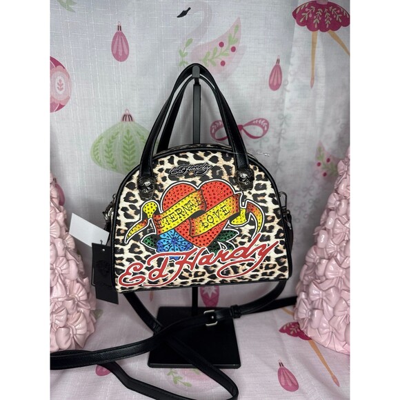 Ed Hardy Cheetah Satchel with Vibrant Rhinestone Heart